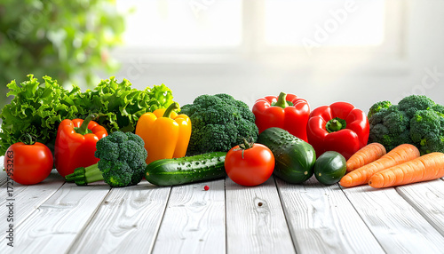 Fresh vegetables neatly arranged on a wooden table, including carrots, broccoli, tomato