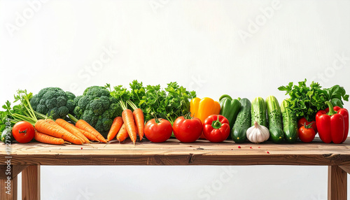 Fresh vegetables neatly arranged on a wooden table, including carrots, broccoli, tomato