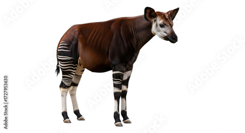 Okapi stands against a white background showing its distinctive stripes and coloring.