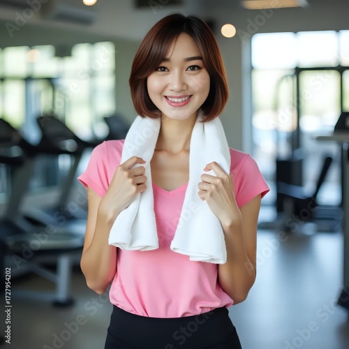 Wallpaper Mural A woman in a pink shirt holding a white towel over her head. Torontodigital.ca