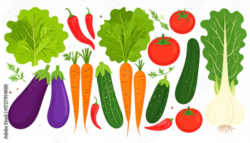 Flat vector illustration of assorted vegetables, including lettuce, carrot, tomato