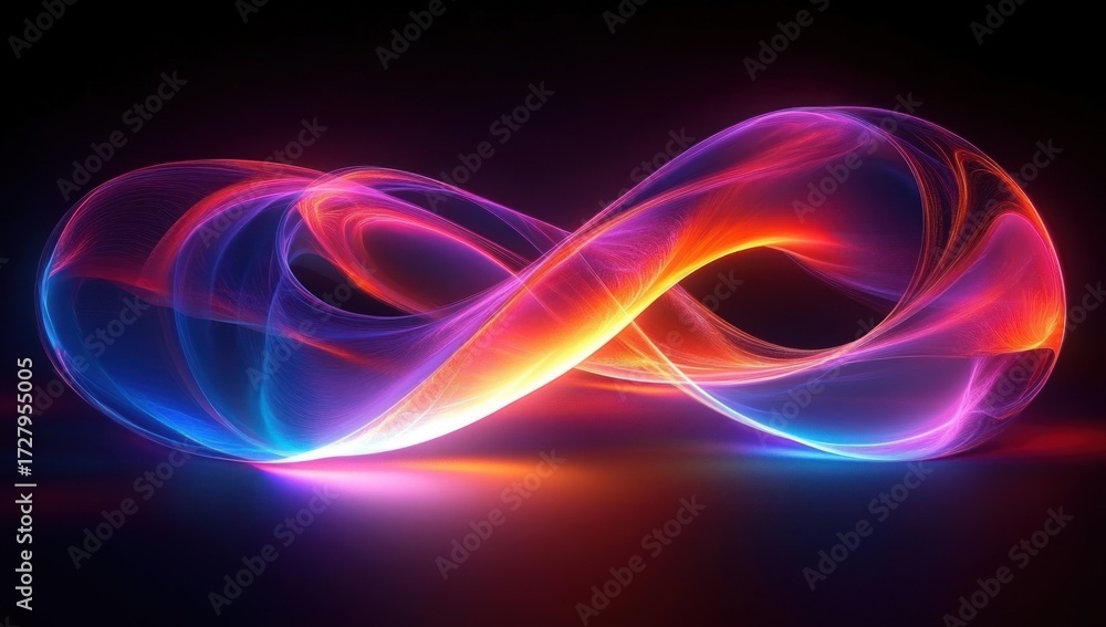 Naklejka premium Vibrant glowing figure-eight loop of intertwined neon light waves in purple, blue, pink, and orange on dark background, creating dynamic and futuristic energy