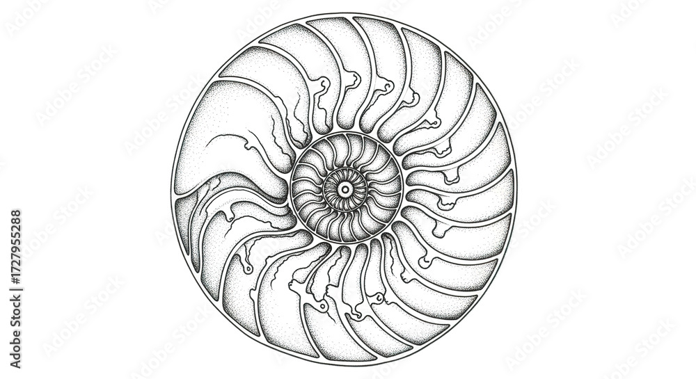 Obraz premium Nautilus shell cutaway showing chambers spiral pattern on white background.