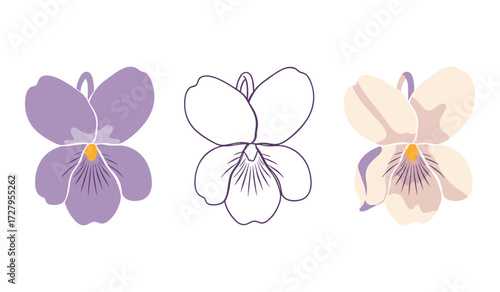 Three stylized pansy flowers in purple cream and outline floral