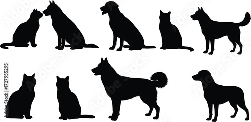 Black silhouette illustration of cats and dogs sitting together, domestic pets design, animal shapes, vector artwork, isolated artwork, pet companionship