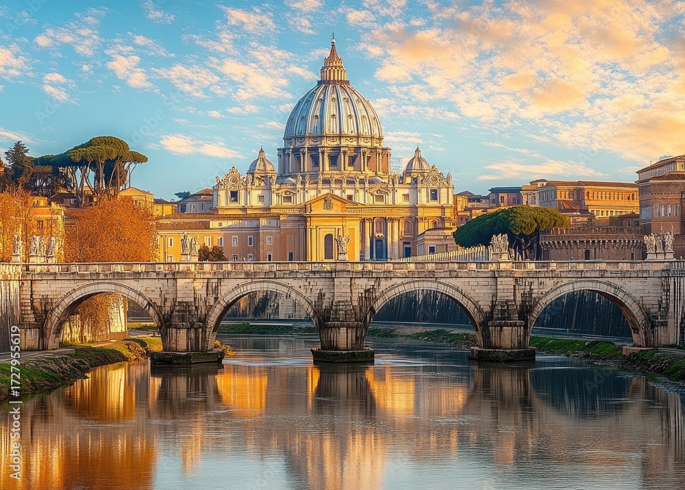 Fototapeta premium Beautiful historic stone bridge over calm river with grand domed building and serene sunset sky in background