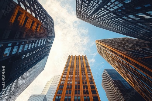 Wallpaper Mural Looking up at towering modern skyscrapers with reflective glass windows against a partly cloudy sky with warm sunlight casting golden hues Torontodigital.ca