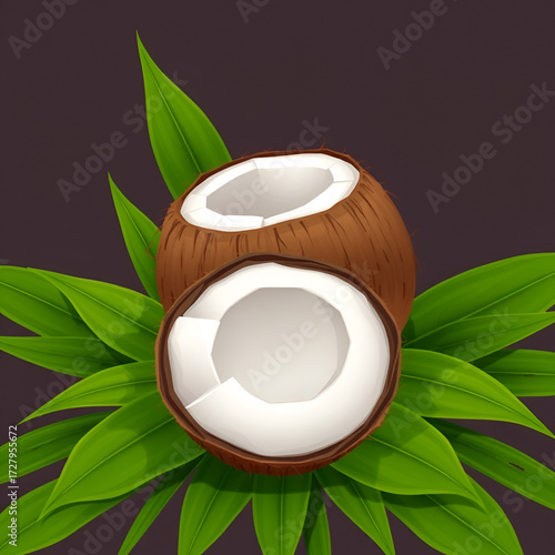 Fresh coconut halved with green leaves illustration