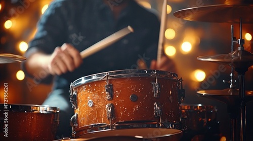 Close-up of a person energetically playing a wooden drum set with blurred warm lights in the background creating a lively atmosphere