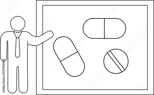 sketch of presentation person icon and pill medicine icon