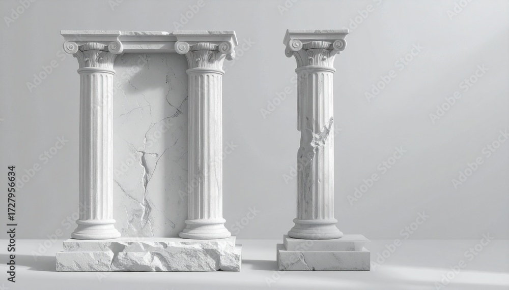 Obraz premium Elegant ancient columns with cracked marble backdrop symbolize history and strength in minimalist studio setting