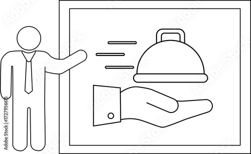 sketch of presentation person icon and hand icon carrying fast food cover