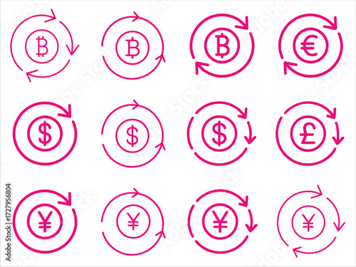 Global Currency Exchange and Rotation Icons with Bitcoin Euro Dollar Pound and Yen Symbols in Pink