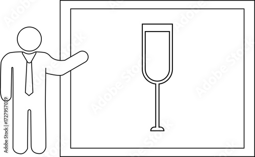 sketch of presentation person icon and wine glass icon