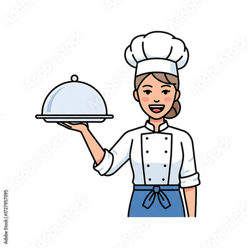 Smiling Female Chef Serving Dish Professional Restaurant Uniform