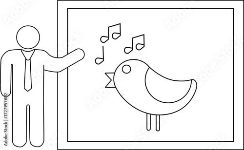 sketch of presentation person icon and singing bird icon