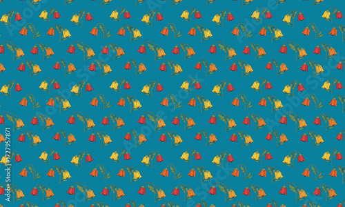 Bell Flower Pattern in Red, Orange, and Yellow on Teal Background.