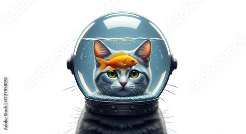Cat wearing a space helmet with a goldfish on its head against blue background.