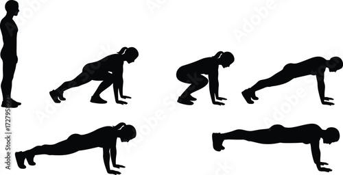 Burpee workout exercise silhouette, fitness training routine, gym bodyweight exercise, endurance conditioning, strength movement, athletic performance, health workout, sports training, fitness