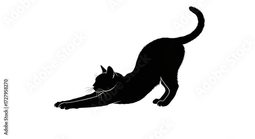 Black cat silhouette stretching on white background with tail curved upward.