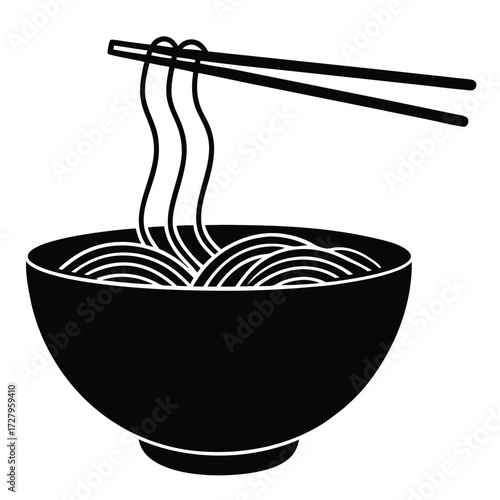 Black and white illustration of noodles being lifted with chopsticks