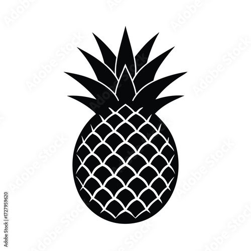 Black Silhouette of a Pineapple Fruit on White Background Keywords: pineapple, fruit, tropical