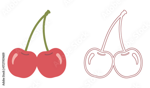 Two red cherries with green stems and a red outline of two cherries with stems cherry fruit