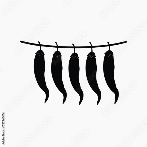 Five chili peppers hanging on a string Keywords: chili, pepper, hot, spice, food, ingredient