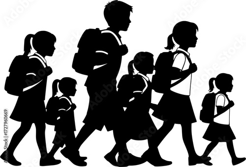 Group of children carrying school bags going to school silhouette, Children with schoolbag black silhouettes, Child carrying school bag silhouettes, Back to school kid carrying bay silhouette