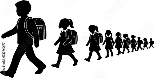 Group of children carrying school bags going to school silhouette, Children with schoolbag black silhouettes, Child carrying school bag silhouettes, Back to school kid carrying bay silhouette