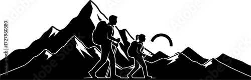 Couple hiker in mountain silhouettes, Couple hiking silhouette, Backpacker silhouettes, Hiker in mountain, Adventure silhouette, Hiking together silhouette