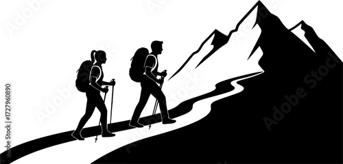 Couple hiker in mountain silhouettes, Couple hiking silhouette, Backpacker silhouettes, Hiker in mountain, Adventure silhouette, Hiking together silhouette