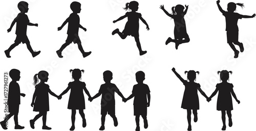 Children silhouettes walking, holding hands, jumping, playing together, black vector figures, happy kids, outdoor activity, childhood fun, lifestyle illustration, teamwork concept