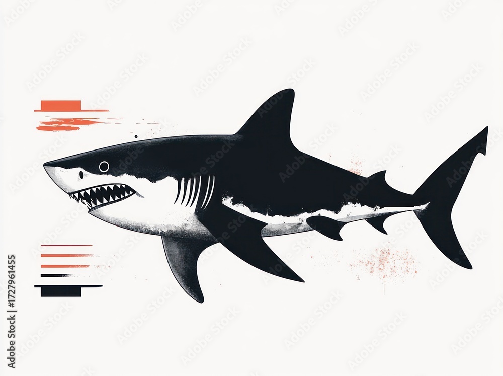 Obraz premium Illustration of a fierce shark with open mouth showing sharp teeth, minimalistic design with black, white, and orange abstract elements