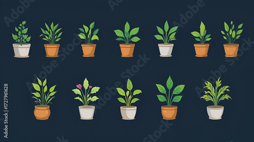 Collection of ten vector icons representing various indoor plants in pots for home decoration and gardening projects