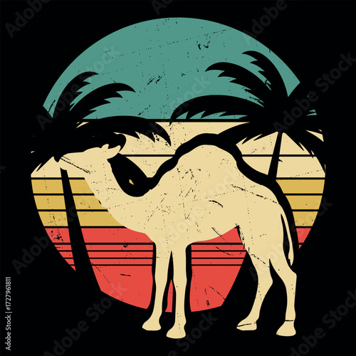 Funny Camel Retro Vintage Sunset Camel T-shirt Design