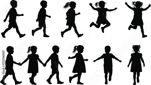 Children silhouettes walking, running, holding hands, jumping, playful kids, black vector figures, childhood activity, fun lifestyle, outdoor play, happy illustration