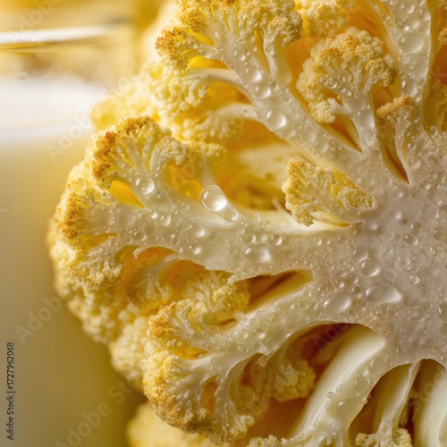 Macro View of Fresh Cauliflower Florets with Dew Drops, Close-up Texture.