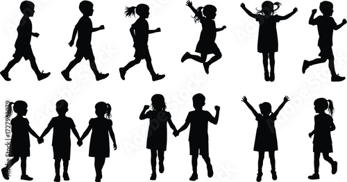 Children silhouettes walking, running, jumping, holding hands, vector illustration, happy kids, outdoor activity, teamwork, childhood fun, playful design, lifestyle graphicsChildren silhouettes 