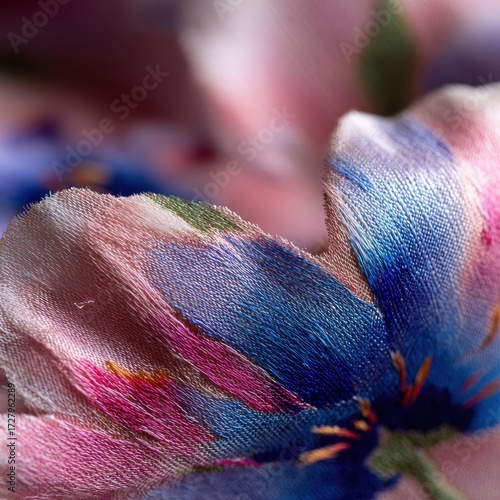 Luminous Threads of a Painterly Floral Design on Crinkled Silk Fabric.