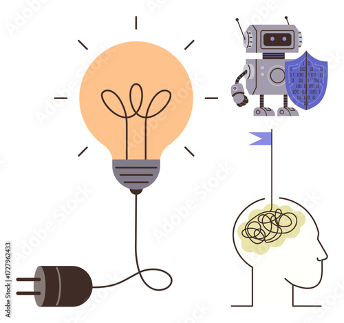 Robot holding shield next to human head with tangled brain and lightbulb connected to plug. Ideal for technology, innovation, AI, problem-solving, creativity, protection, and progress. Simple flat