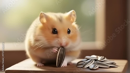 Cute Hamster Eating Sunflower Seeds on a Wooden Surface Indoors.
