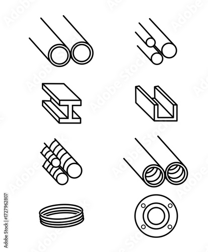Vector illustration of steel and metal material icons, including pipes, beams, channels, and flanges. Ideal for construction, engineering, manufacturing, and industrial design projects.