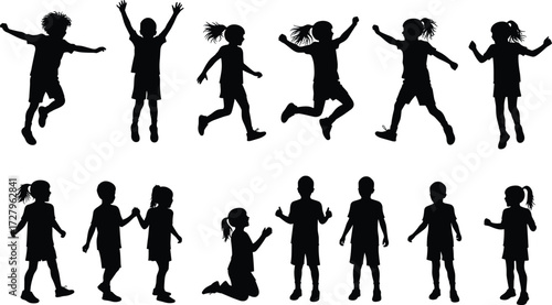 Children silhouettes, kids jumping, playing, running, standing, happy childhood moments, outdoor fun activity, vector illustration, black silhouettes, isolated design, active lifestyle