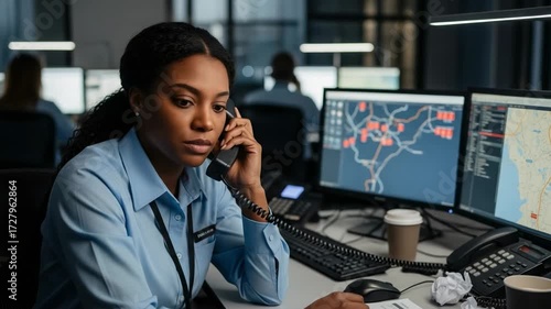 Focused young Black woman working in a control room, talking on a landline phone with maps on computer screens.