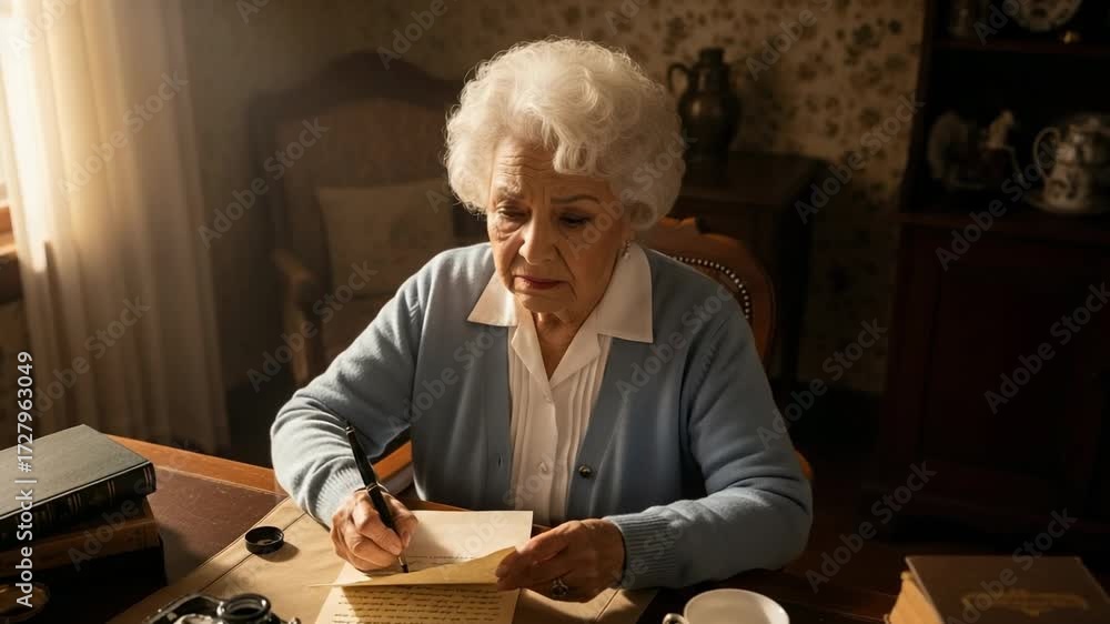 Elderly Caucasian woman with white hair writing a heartfelt letter with ...
