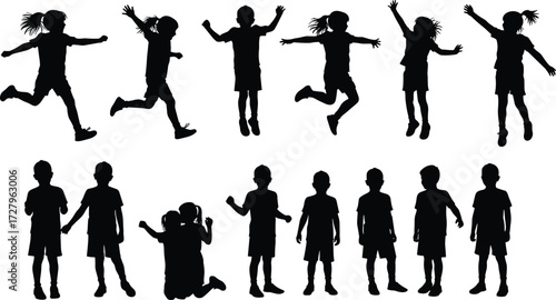 Children silhouettes, kids jumping, running, playing, standing, fun activity, happy childhood, outdoor lifestyle, vector illustration, black silhouettes, isolated design