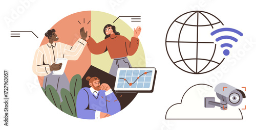 Team discussing ideas with tablets, a globe with wireless signals, cloud hosting, and a security camera. Ideal for teamwork, innovation, digital communication, cybersecurity, IoT connectivity data