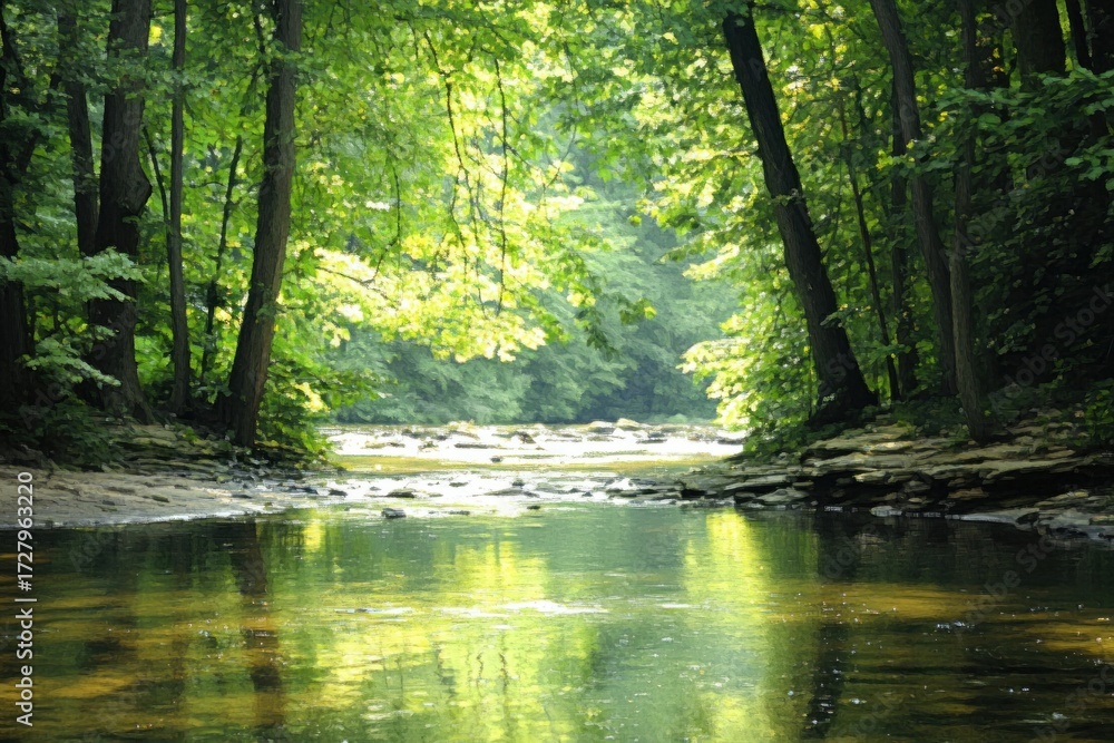 Fototapeta premium Calm forest river flowing gently between dense green trees with sunlight reflecting on the water surface