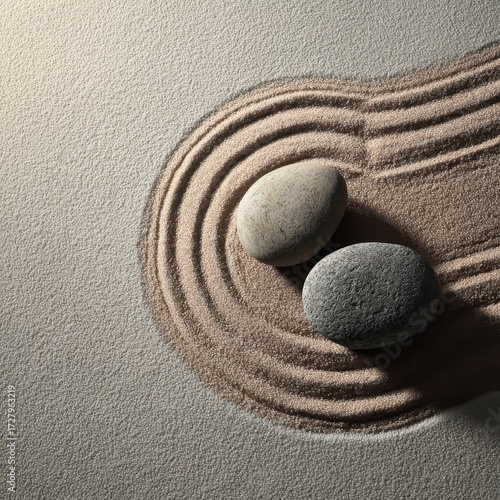 Serene Zen Garden - Smooth Stones on Intricate Raked Sand Patterns, Overhead View.